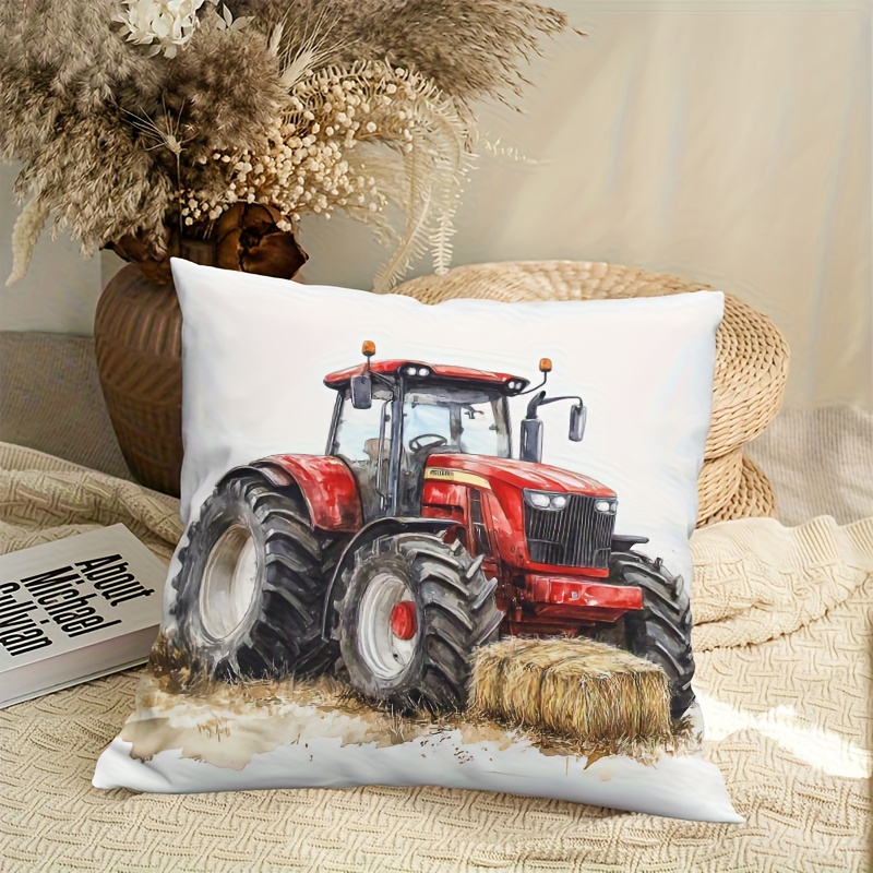 Agriculture Farming Cartoon - ปลอกหมอนอิงลายรถแทรกเตอร์สไตล์ชนบทสำหรับตกแต่งบ้านสไตล์ฟาร์มเฮาส์ ธีมการเกษตรชนบท ขนาด 45x45 ซม.