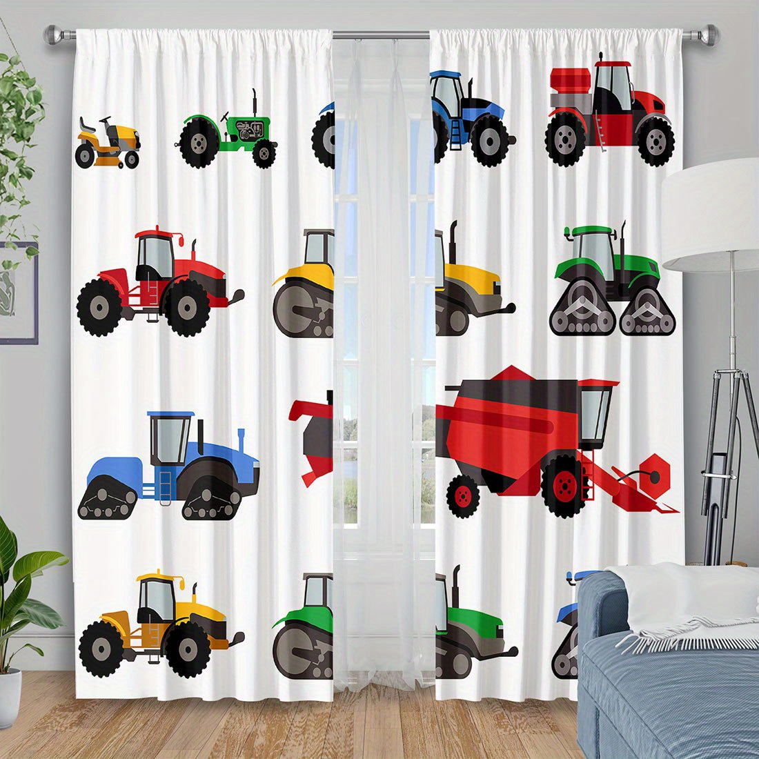 Agriculture Farming Cartoon - ผ้าม่านลายรถแทรกเตอร์การ์ตูนสีสันสดใส ลายเครื่องจักรกลการเกษตร ผ้าม่านตกแต่งหน้าต่างสำหรับห้องนอนเด็ก ห้องเรียนอนุบาล และบ้าน